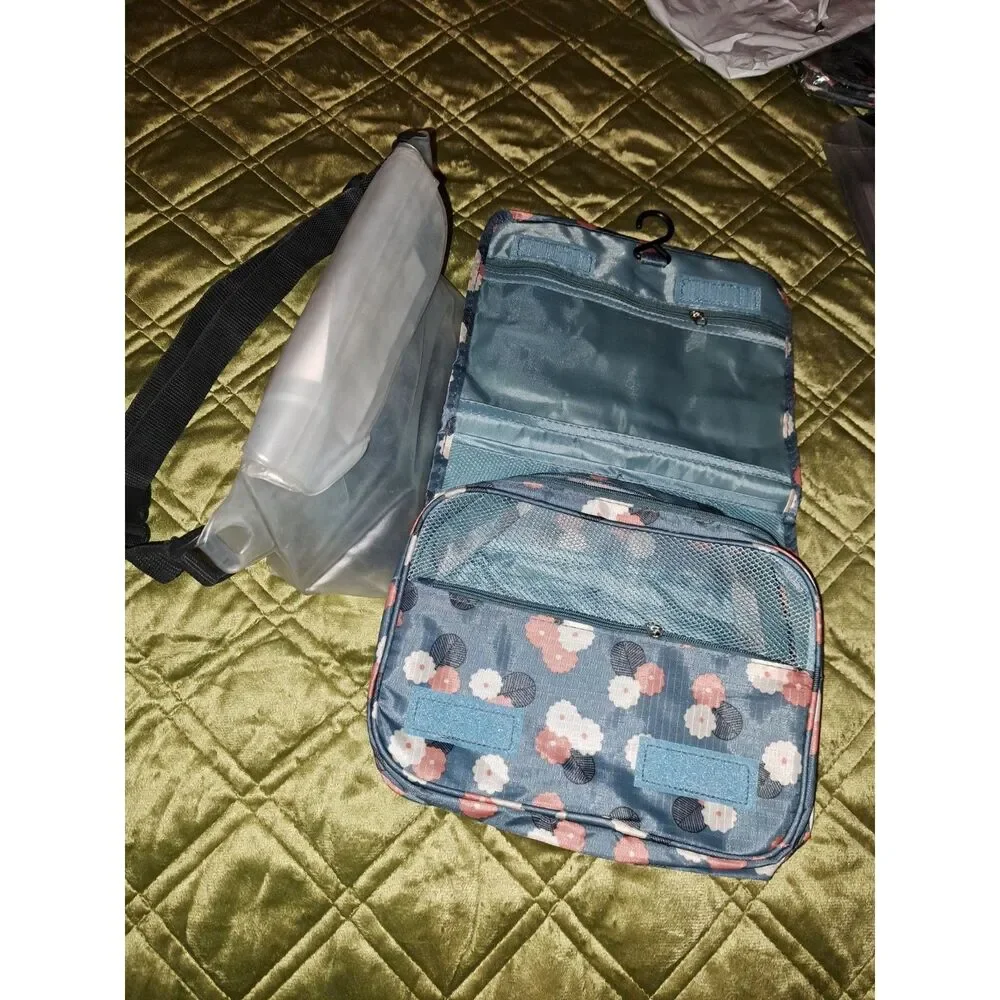 NEW Tri-fold Toiletry Travel Bag with plastic bottles and waterproof shower bag